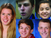 Week 10 athlete of the week RaeAnn Allen of Washougal basketball with nominees (clockwise from top left) Maksim Dolbinin of Heritage swimming, Kylee Tjensvold of Ridgefield gymnastics, Bryce Mulder of Woodland basketball, Jake Rogers of Battle Ground wrestling