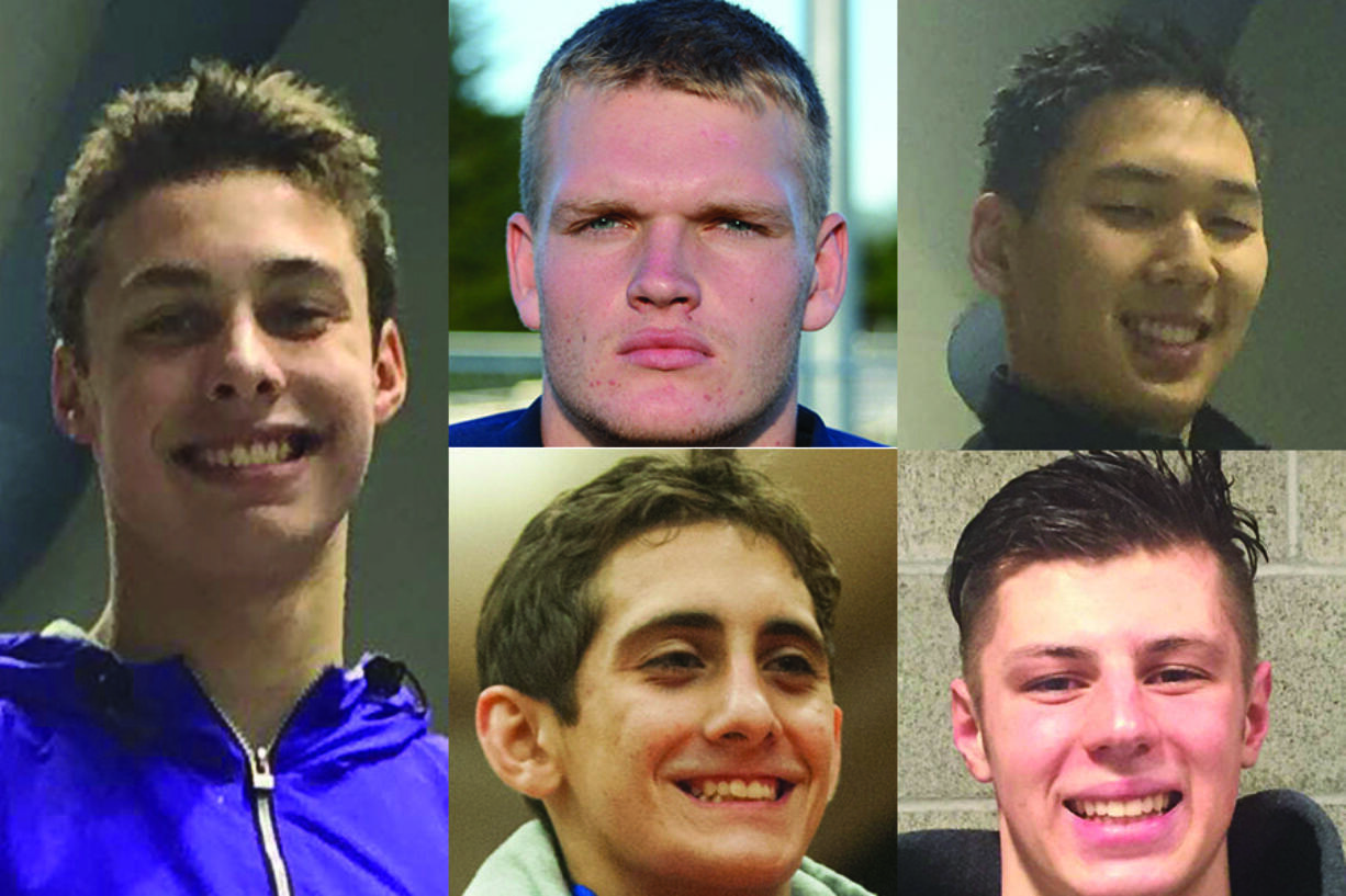 Week 11 winter sports prep athlete of the week Josh Bottelberghe of Columbia River swimming with other nominees (clockwise from top left) Cameron Loos of Hockinson wrestling, Mark Kim of Camas swimming, Maksim Dolbinin of Heritage swimming, Ethan Rotondo of Union wrestling