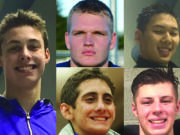 Week 11 winter sports prep athlete of the week Josh Bottelberghe of Columbia River swimming with other nominees (clockwise from top left) Cameron Loos of Hockinson wrestling, Mark Kim of Camas swimming, Maksim Dolbinin of Heritage swimming, Ethan Rotondo of Union wrestling