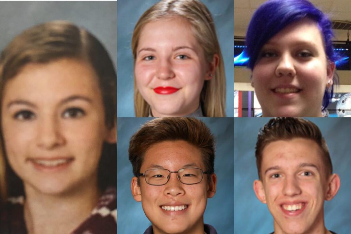 Week 8 winter sports athlete of the week Kylie Weaver of Union gymnastics with fellow nominees (clockwise from top left) Kirsten Johnson of Skyview basketball, Becca Gunderson of Columbia River bowling, Michael Stockbridge of Prairie basketball, and Eric Wu of Camas swimming