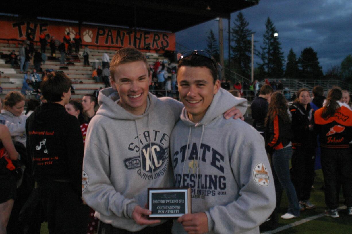 Washougal seniors Dylan Croeni (left) and Brendan Casey (right) were both named Athletes of the Panther Twilight track and field meet Friday night, at Fishback Stadium.