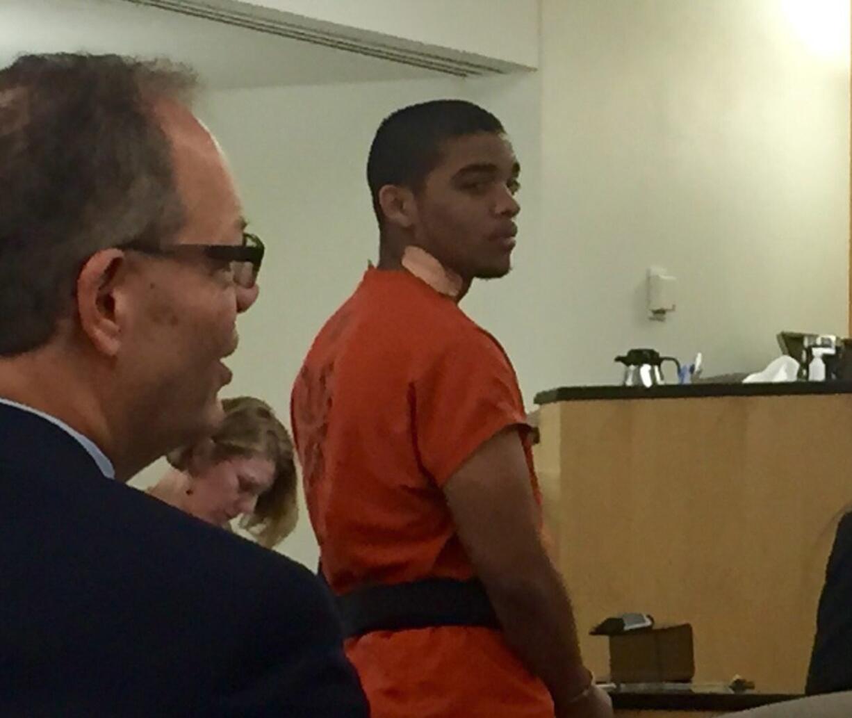 Ted W. Washington III, 20, makes a first appearance Nov. 25 in Clark County Superior Court in connection with a robbery at the Chase Bank branch near Vancouver Mall. Washington pleaded guilty Wednesday to attempted first-degree robbery and was sentenced to three years in prison.