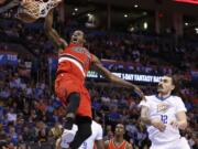 Portland’s Al-Farouq Aminu, dunking in front of Oklahoma City’s Steven Adams, is the Blazers best option at power forward according to one statistics website that tracks NBA players.