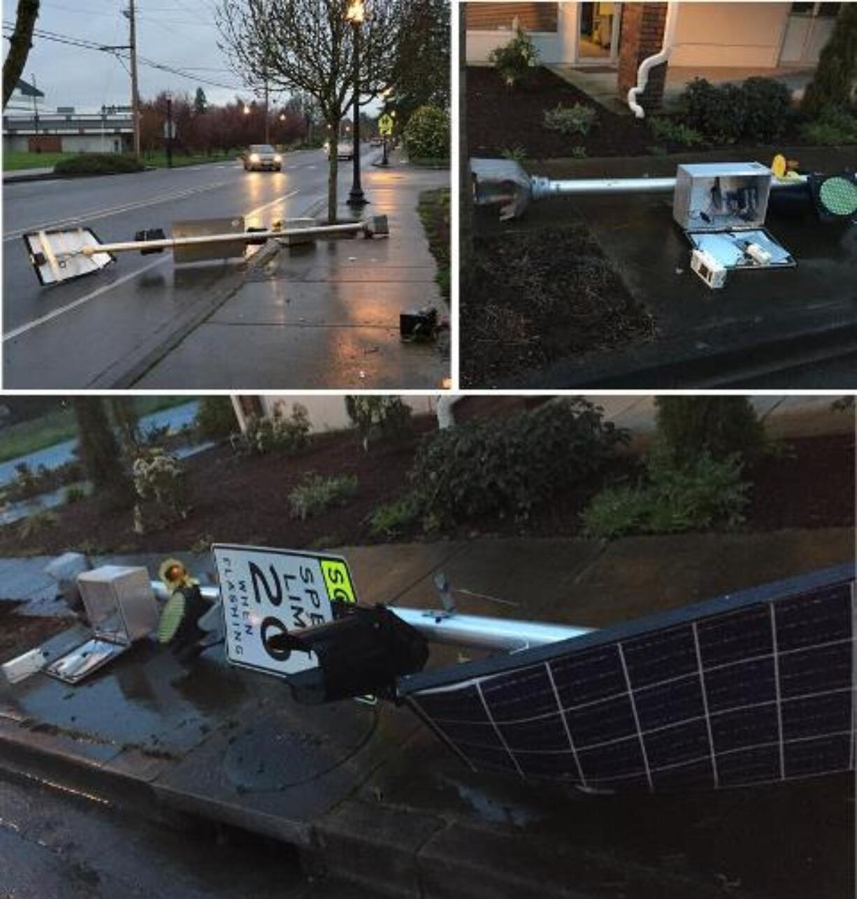 The Battle Ground Police Department is looking for a pickup truck driver who knocked over this school zone sign near Battle Ground High School Tuesday evening.