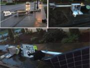 The Battle Ground Police Department is looking for a pickup truck driver who knocked over this school zone sign near Battle Ground High School Tuesday evening.