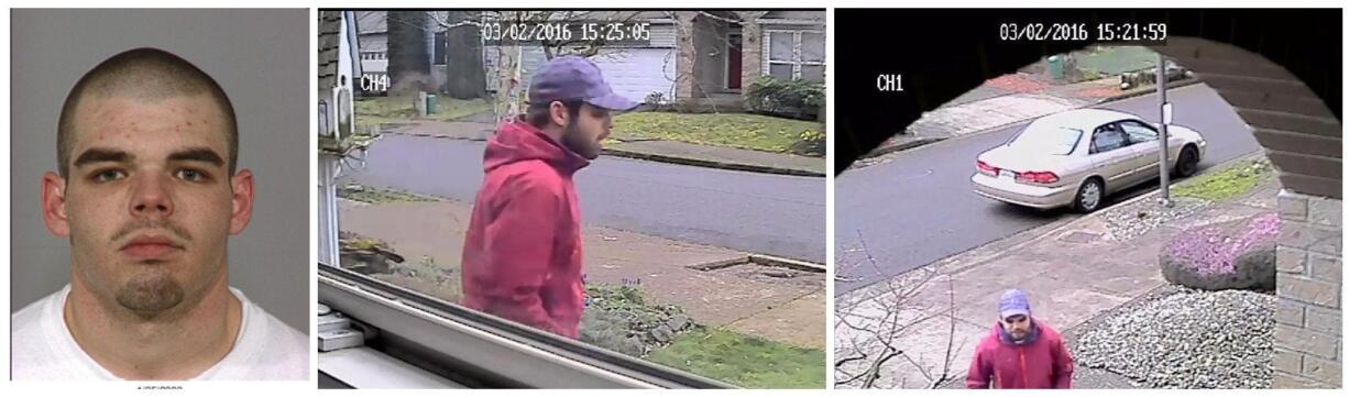 The Portland Police Bureau is asking for the public's help finding Ryan Steven Hentz, 32, known in both Portland and Vancouver, in connection to a Hayden Island burglary. He's seen here in a portrait and stills taken from surveillance footage.