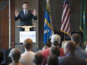 Vancouver Mayor Tim Leavitt delivers his annual &quot;State of the City&quot; speech Thursday evening in the city hall lobby.