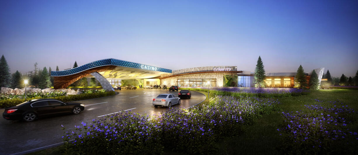 An artist&#039;s rendering of the Cowlitz Tribe&#039;s $510 million casino-resort project under construction along Interstate 5.