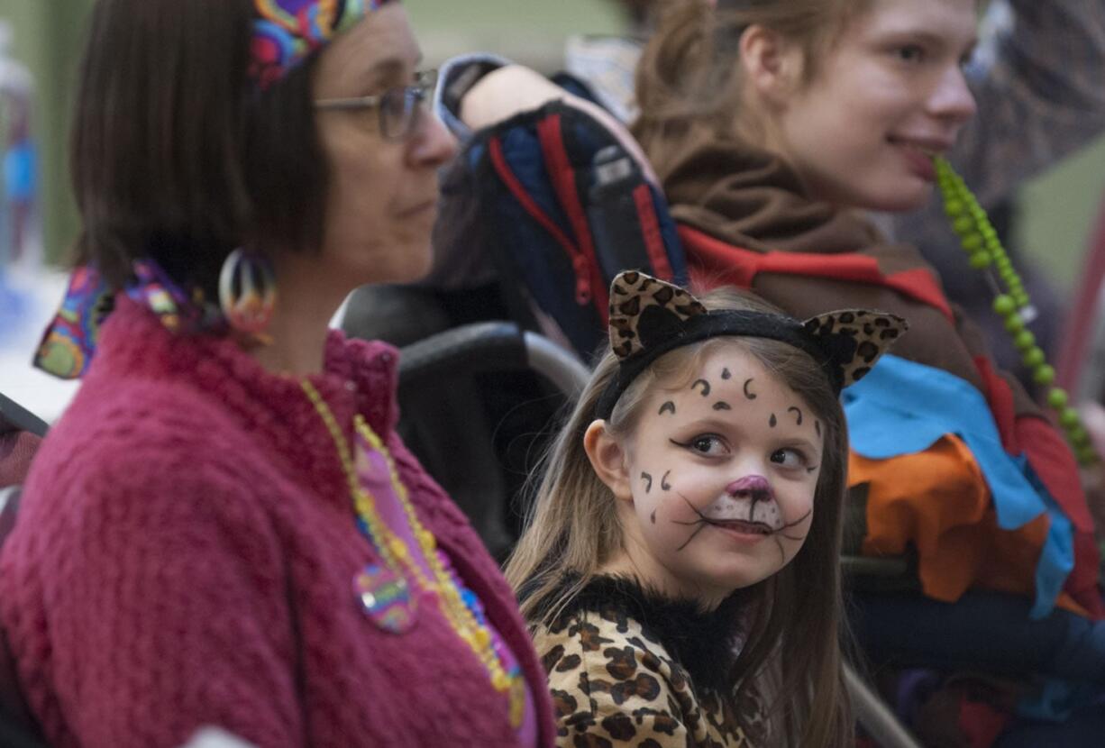 Clara Bryson, 5 wears a cheetah costume at a Purim celebration at the Chabad Jewish Center in Vancouver on Thursday.