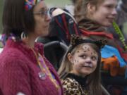 Clara Bryson, 5 wears a cheetah costume at a Purim celebration at the Chabad Jewish Center in Vancouver on Thursday.