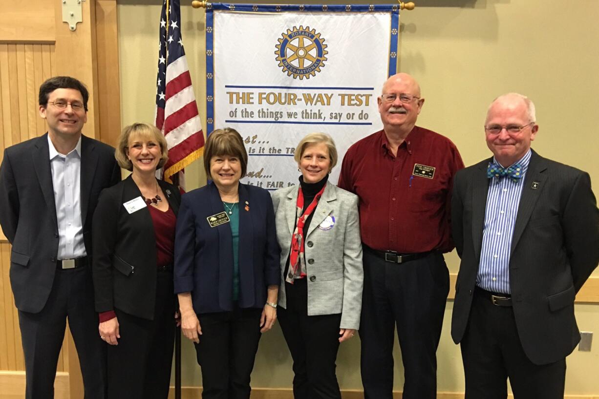 Battle Ground: From left, Attorney General Bob Ferguson, Nancy Miller, president of Lewis River Rotary Club, Barb Crozier, district governor of Rotary District 5100, Jill Kurtz, president of Battle Ground Rotary Club, Tom Crozier, president of Camas-Washougal Rotary Club, and Phil Johnson, mayor of Battle Ground.