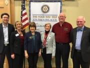 Battle Ground: From left, Attorney General Bob Ferguson, Nancy Miller, president of Lewis River Rotary Club, Barb Crozier, district governor of Rotary District 5100, Jill Kurtz, president of Battle Ground Rotary Club, Tom Crozier, president of Camas-Washougal Rotary Club, and Phil Johnson, mayor of Battle Ground.