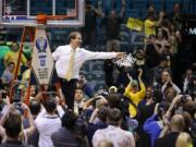 Oregon coach Dana Altman tosses the net while the team celebrates after defeating Utah in an NCAA college basketball game in the championship of the Pac-12 men&#039;s tournament Saturday, March 12, 2016, in Las Vegas. Oregon won 88-57.