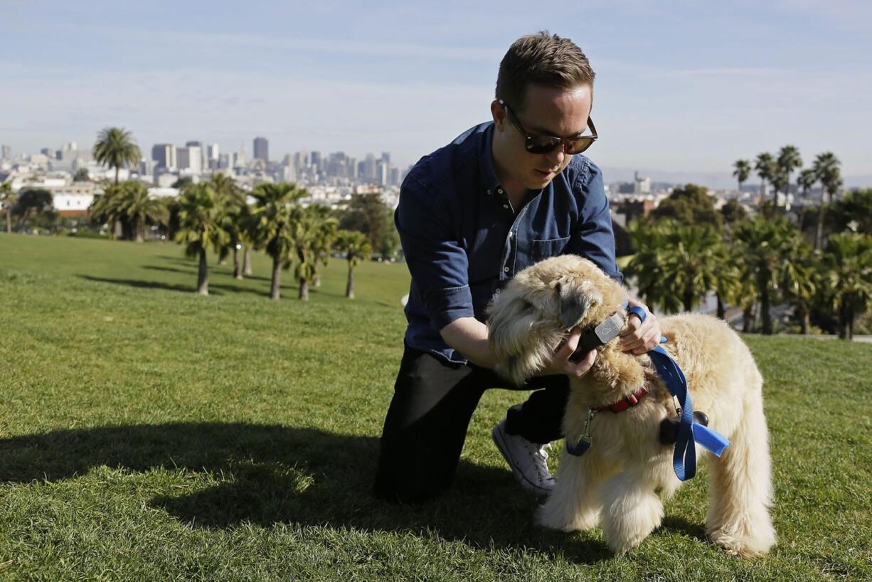 Russell Gipson Shearer puts the Whistle pet tracker, a GPS-enabled device, on his dog Rocket at Dolores Park in San Francisco. Technology isn&#039;t just for humans. It&#039;s also for their furry friends.