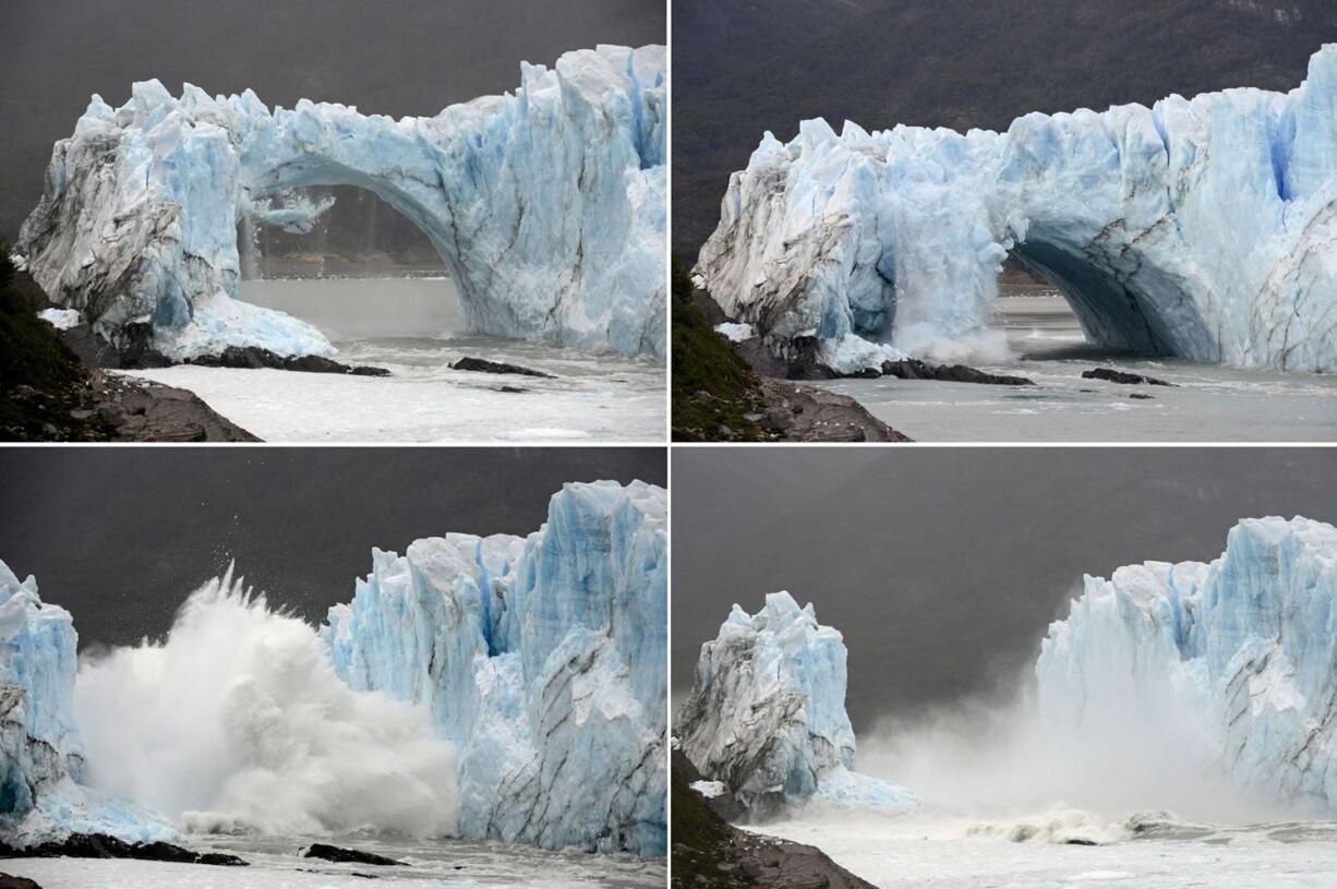 This four-photo sequence shows chunks of ice breaking off the Perito Moreno Glacier on Thursday at Los Glaciares National Park, near El Calafate, Argentina. The glacier last ruptured in March 2012.