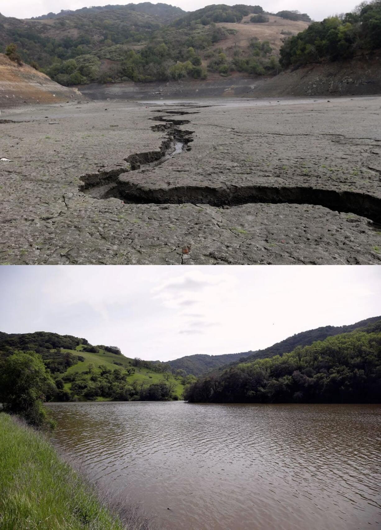 This combo of two photos shows (top photo) the cracked-dry bed of the Almaden Reservoir on Friday, Feb. 7, 2014, in San Jose, Calif., and (below photo) the same Almaden Reservoir full of water on Monday, March 14, 2016. Four straight days of rain have replenished several key reservoirs in drought-stricken California. The series of storms that started late last week was expected to taper off Monday, with warm temperatures and blue skies forecast throughout California this week.