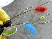 A girl holds a fancy catkin branch on Palm Sunday.