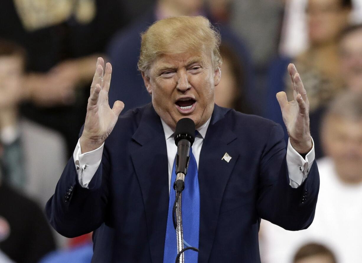 Republican presidential candidate Donald Trump speaks at a campaign rally at the I-X Center Saturday, March 12, 2016, in Cleveland.