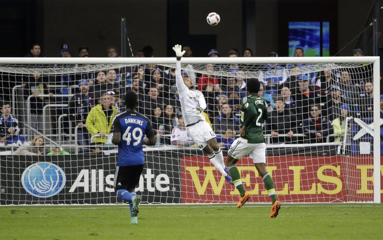 Portland Timbers goalkeeper Adam Larsen Kwarasey (12) is beaten for a goal on a high shot from San Jose Earthquakes forward Quincy Amarikwa (25) during the first half of an MLS soccer match Sunday, March 13, 2016, in San Jose, Calif.