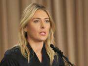 Tennis star Maria Sharapova speaks during a news conference in Los Angeles on Monday, March 7, 2016. Sharapova says she has failed a drug test at the Australian Open.