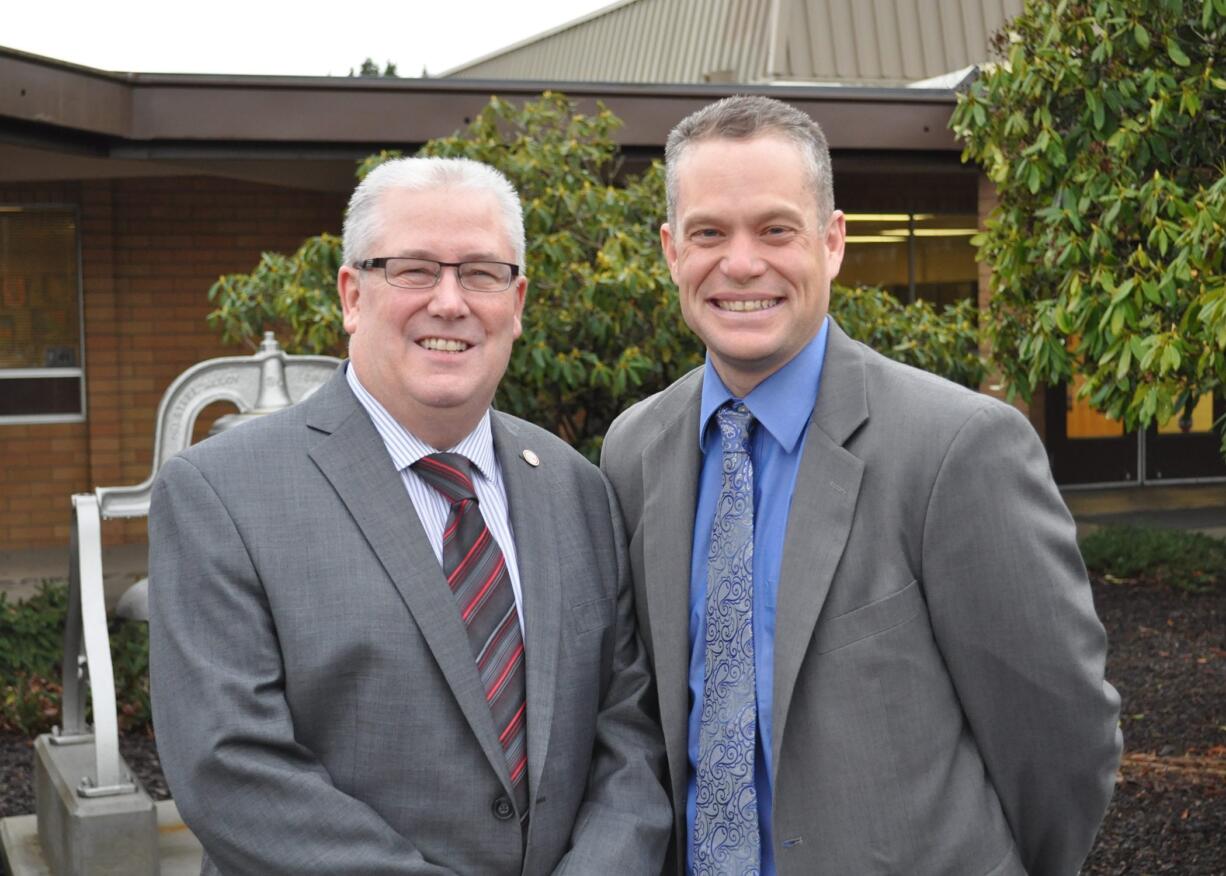 Retiring Camas School District Superintendent Mike Nerland, left, and Jeff Snell, who will take over on July 1.