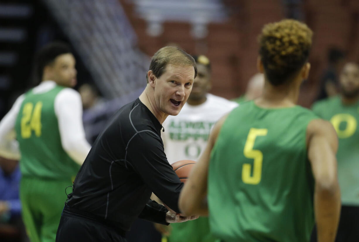 Oregon head coach Dana Altman yells during college basketball practice in Anaheim, Calif., Wednesday, March 23, 2016. Oregon plays against Duke in a regional semifinal game in the NCAA Tournament on Thursday.