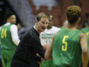 Oregon head coach Dana Altman yells during college basketball practice in Anaheim, Calif., Wednesday, March 23, 2016. Oregon plays against Duke in a regional semifinal game in the NCAA Tournament on Thursday.