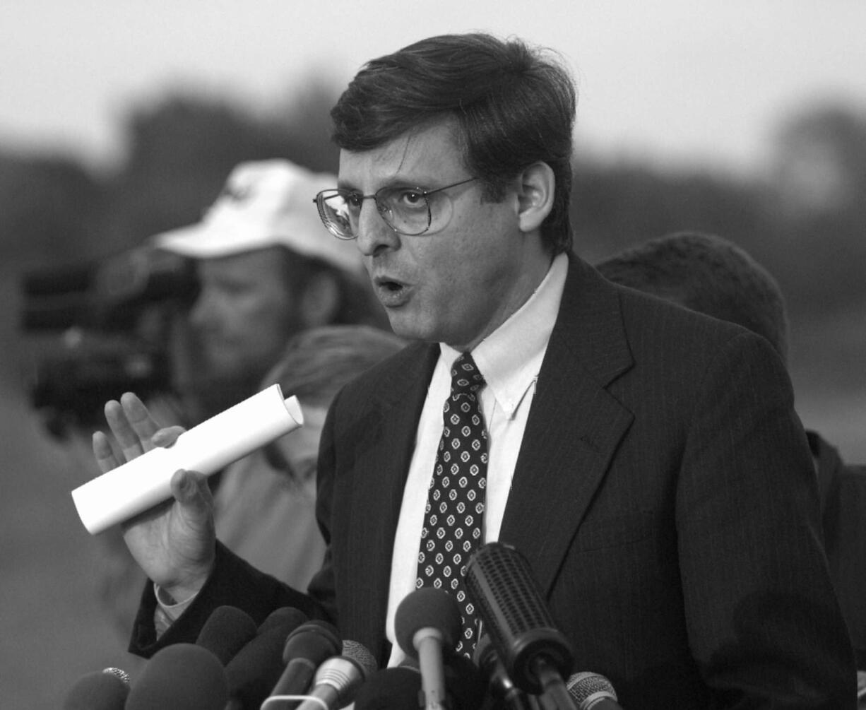 Merrick Garland, associate deputy attorney general, speaks to the media following the hearing of Oklahoma bombing suspect Timothy McVeigh, before federal magistrate Ronald Howland, in El Reno, Okla., in 1995. Obama nominated appeals court judge Garland to the Supreme Court on Wednesday.