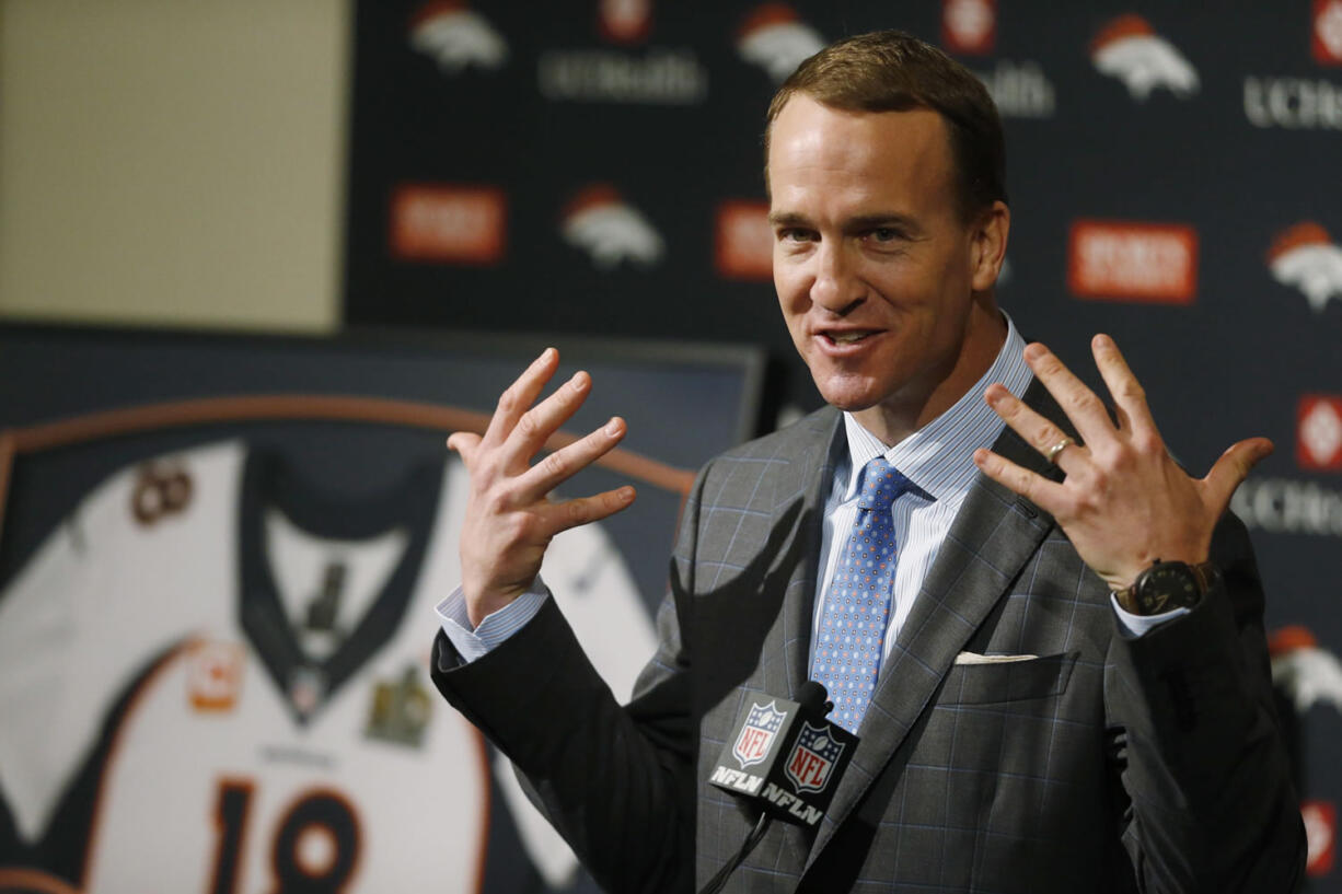 Denver Broncos quarterback Peyton Manning speaks during his retirement announcement at team headquarters Monday, in Englewood, Colo. Manning, who has been in the NFL for the past 18 years, is retiring after winning five MVP trophies and two Super Bowl championships, the most recent last month against the Carolina Panthers.