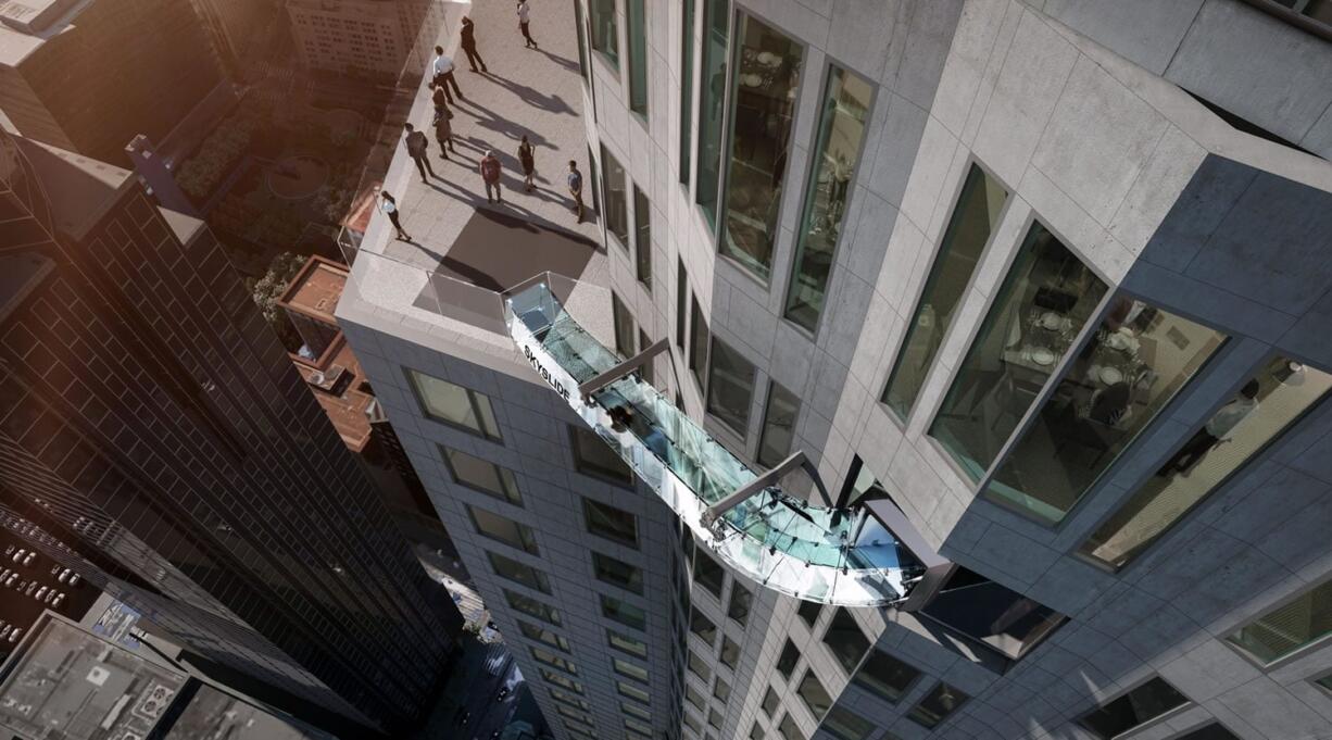 This artist&#039;s rendering shows a 45-foot-long glass slide that is 1,000 feet above the ground on the side of the U.S. Bank Tower in downtown Los Angeles.