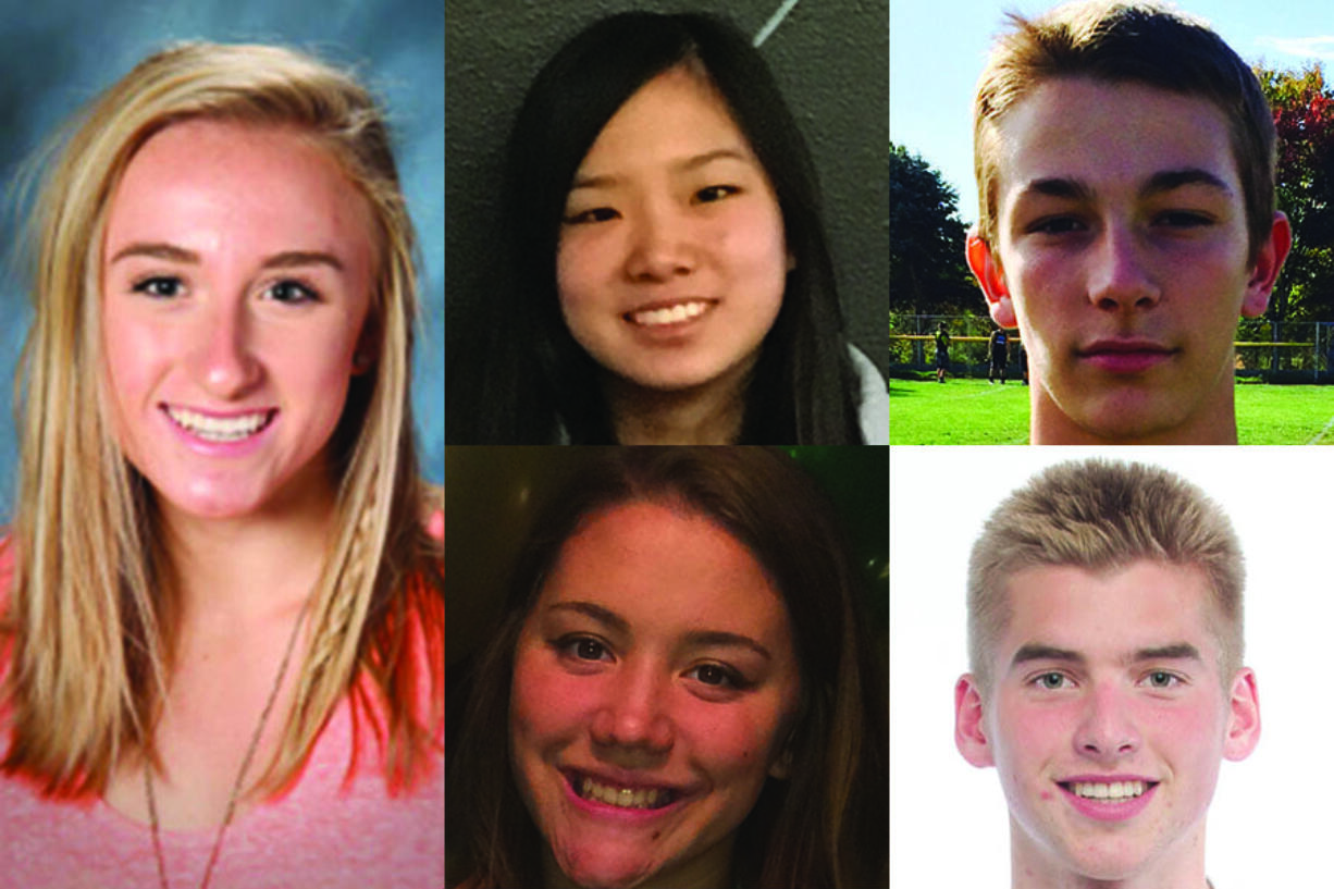 Week 1 spring sports athlete of the week Ellie Johnson of Skyview golf, with other nominees (clockwise from top left) Sabrina Wang of Mountain View tennis, Canon Racanelli of Hockinson baseball, Bennett Lehner of Camas soccer, Mo Spieth of Union softball