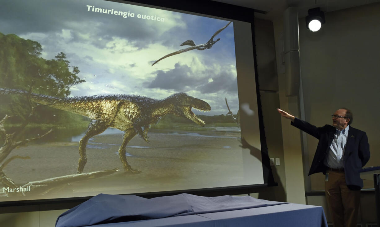 Hans-Dieter Sues, chair of the Department of Paleobiology at the Smithsonian&#039;s National Museum of Natural History, unveils a new dinosaur, Timurlengia euotica, during a news conference in Washington, Monday, March 14, 2016. The bones of a previously unknown member of the evolutionary branch that led to the huge tyrannosaurs were found Uzbekistan. This earlier dinosaur lived about 90 million years ago, south of what is now the Aral Sea. It looked roughly like a T. rex, but was only about 10 to 12 feet long and weighed only about 600 pounds at most, Sues said.