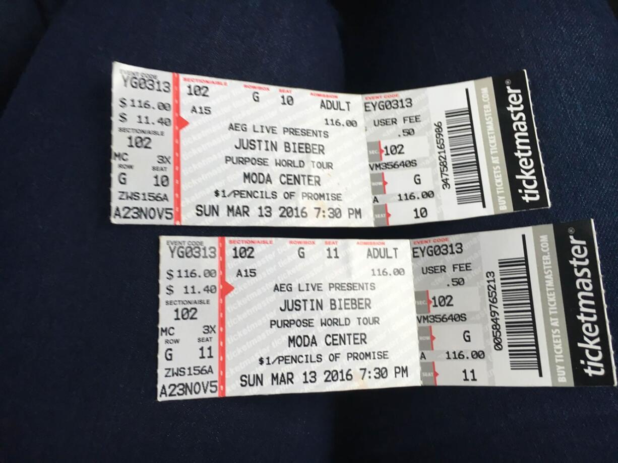 These tickets, purchased through a Craigslist seller for the upcoming Justin Bieber concert, ended up being counterfeit. Police are warning concertgoers to stick with official ticket sellers.