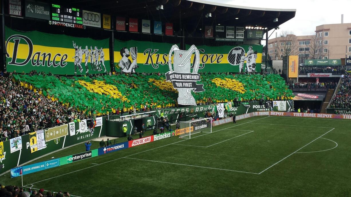 The Portland Timbers Army rollout their season-opening tifo prior to the MLS match against Columbus on Sunday, March 6, 2016, at Providence Park in Portland.