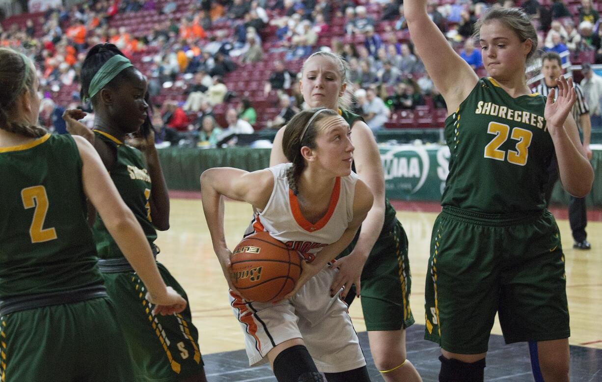 Washougal High School’s 
Beyonce Bea drives to the basket through the Shorecrest High School defense in the fourth quarter of their game in the state girls’ class 2A basketball tournament March 3, 2016 in the Yakima SunDome. Washougal lost to Shorecrest 59-42.