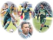 Portland Timbers (from left) Darlington Nagbe, Diego Charra, and Diego Valeri (8). Head coach Caleb Porter.