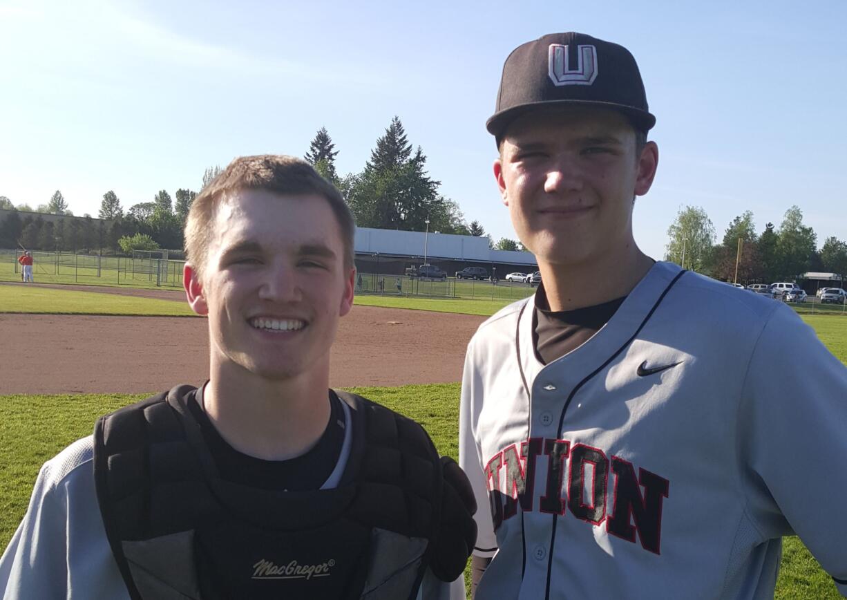 Union catcher Grant Dedrick-Malcom (left) and pitcher Cole Susee (Paul Valencia/The Columbian)