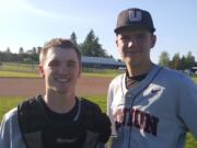 Union catcher Grant Dedrick-Malcom (left) and pitcher Cole Susee (Paul Valencia/The Columbian)