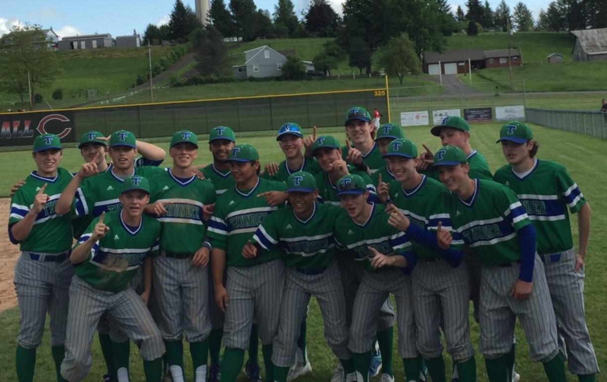 The Mountain View baseball team poses for a photo after clinching the 4A Greater St. Helens League title with a 3-0 win over Camas on Friday.