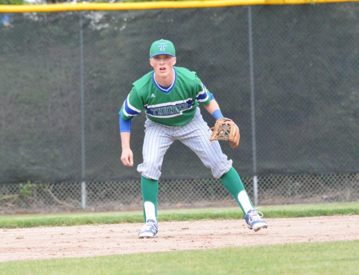 Mountain View third baseman Jake Ryan awaits a pitch Friday April 29 at Camas High School. Ryan returned to baseball despite having open-heart surgery on Dec. 16, 2015.