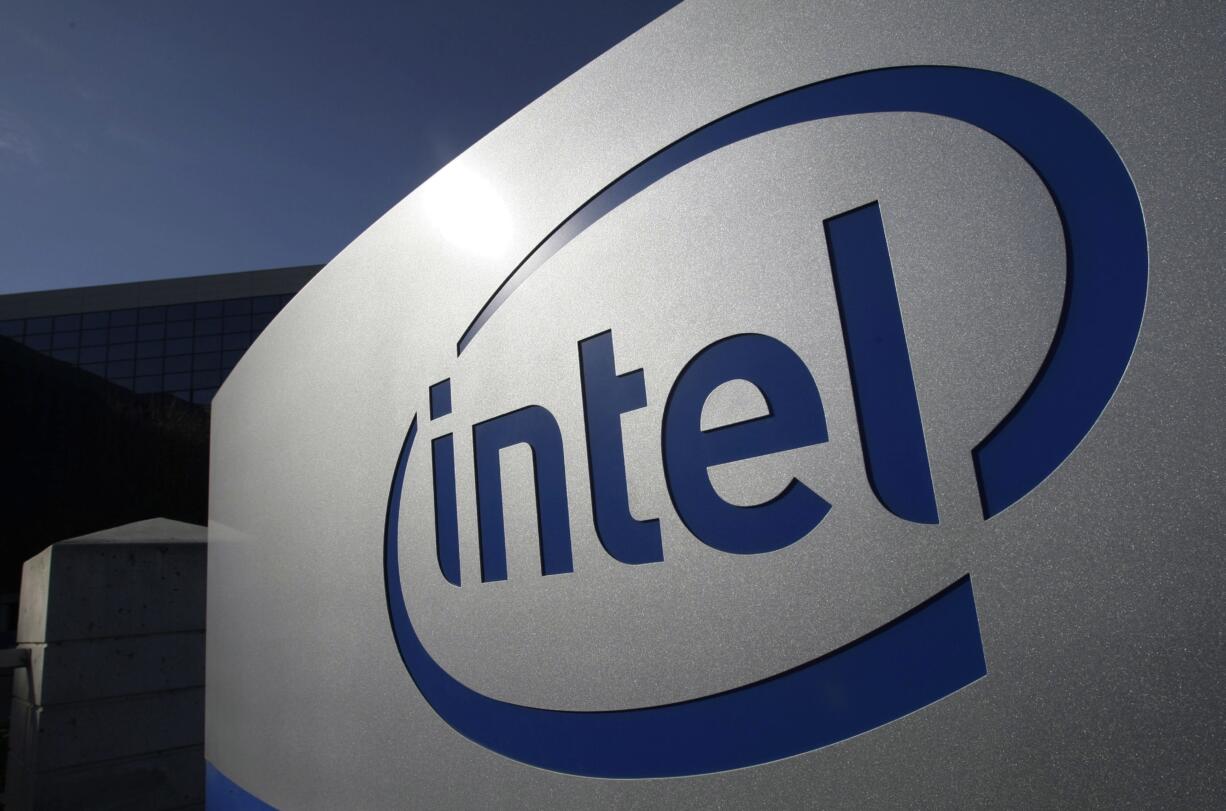 The Intel logo is displayed on the exterior of Intel headquarters in Santa Clara, Calif.