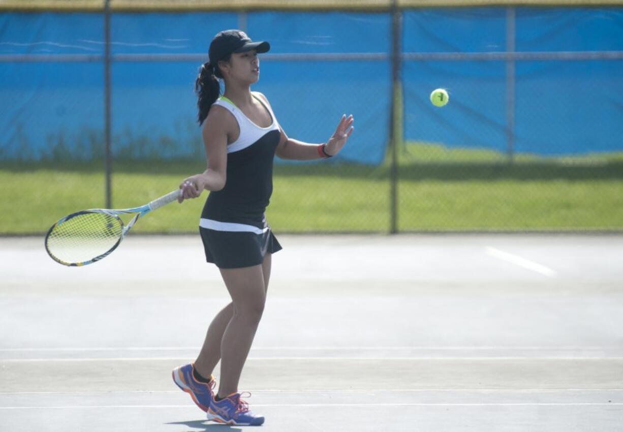 Camas tennis player Hannah Gianan competes at a match at Mountain View High School in Vancouver Monday April 24, 2016.