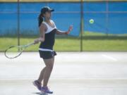 Camas tennis player Hannah Gianan competes at a match at Mountain View High School in Vancouver Monday April 24, 2016.