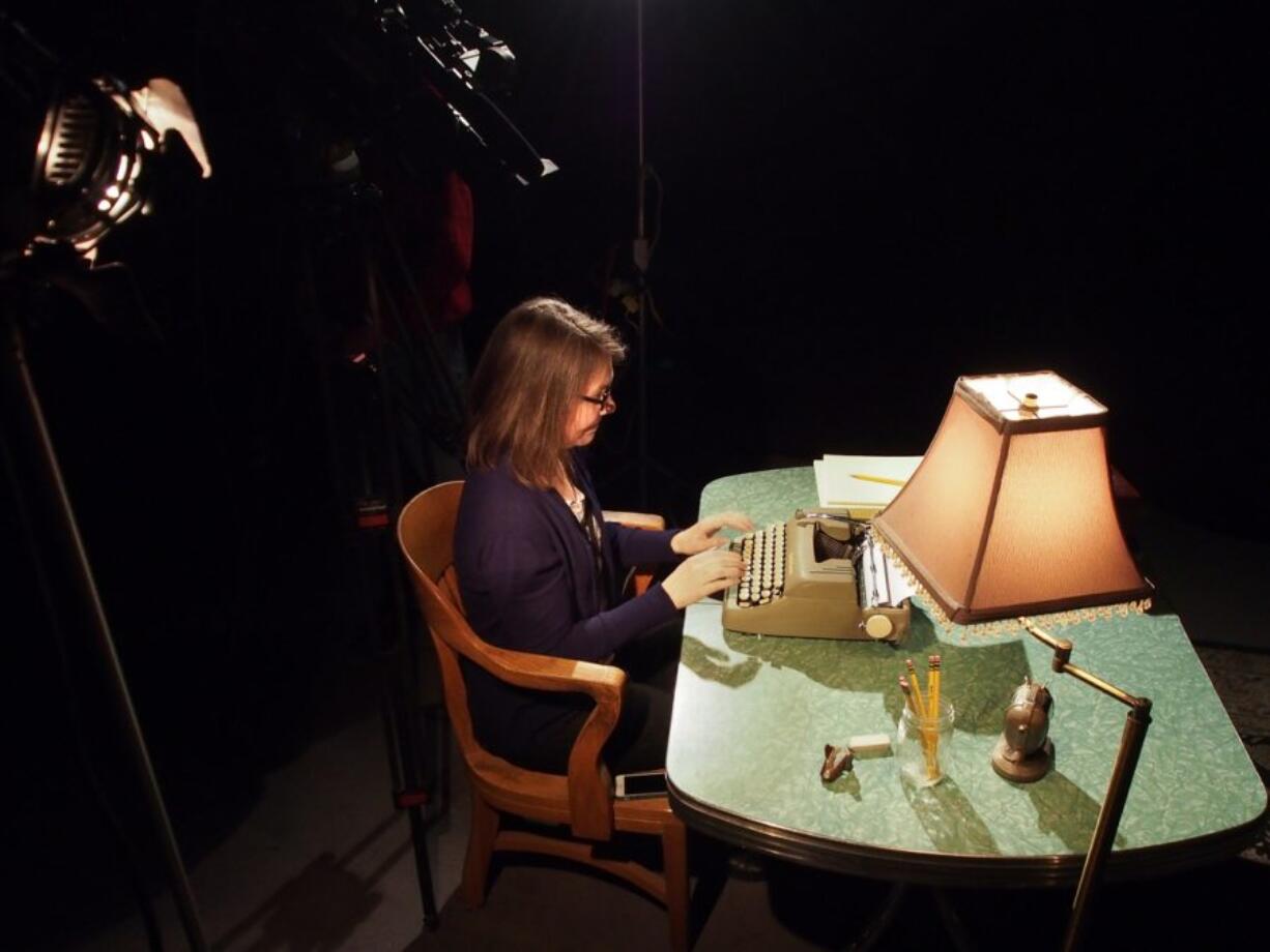 Jessica Martin, executive producer of Oregon Art Beat, portrays Beverly Cleary typing the opening lines of &quot;Henry Huggins.&quot; Martin is using a typewriter provided by Vancouver&#039;s Magenta Theater.