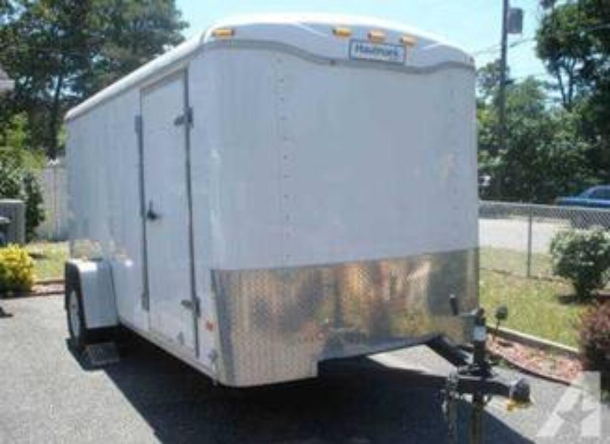 A trailer similar to this one was stolen from the North Creek Church in Battle Ground in early April, and police are looking for tips to track it down. The real trailer is a white, 12-foot, single axle trailer. It's a 1998 Haulmark-brand trailer, Washington plate No. 8869ZK.