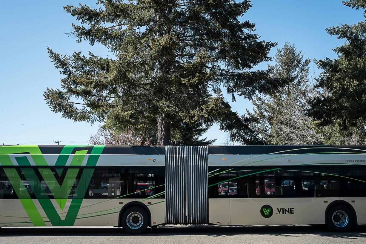 View of the midsection of C-Tran&#039;s new bus, the New Flyer Xcelsior, designed for The Vine. The extra-long buses are articulated, or hinged, so they can round standard corners.