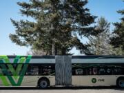 View of the midsection of C-Tran&#039;s new bus, the New Flyer Xcelsior, designed for The Vine. The extra-long buses are articulated, or hinged, so they can round standard corners.