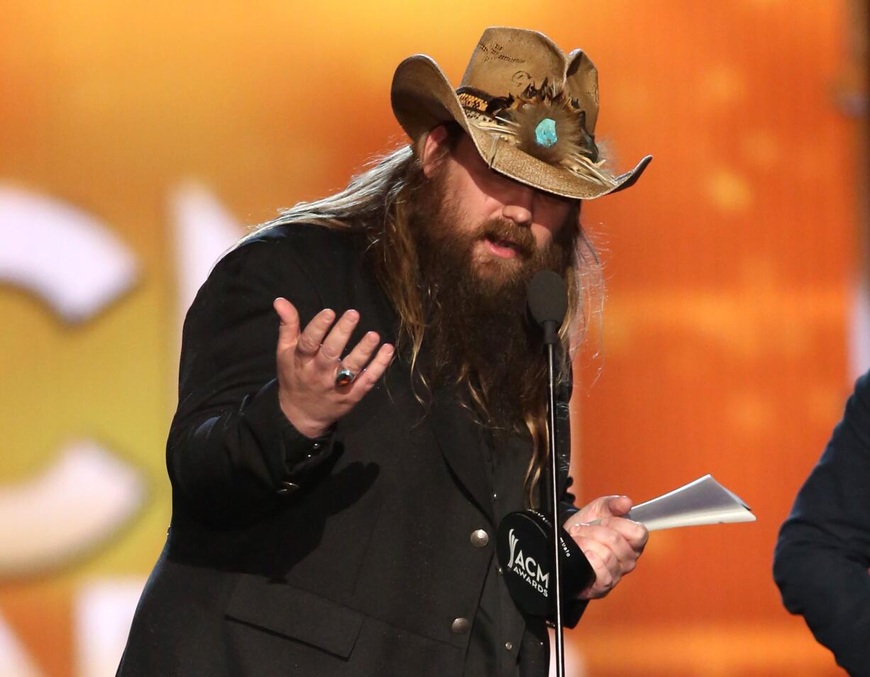 Chris Stapleton accepts the award for album of the year for &quot;Traveller&quot; on Sunday at the 51st annual Academy of Country Music Awards at the MGM Grand Garden Arena in Las Vegas.