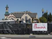 Construction continues Friday morning at the intersection of S.E. Mill Plain Boulevard and S.E. 164th Avenue where Vancouver&#039;s first Chick-fil-A is being built.