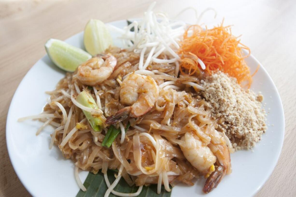 Pad Thai with shrimp is served April 5 at Thai Wok Kitchen in Vancouver. The restaurant opened about a month ago. The pad Thai is gluten-free.